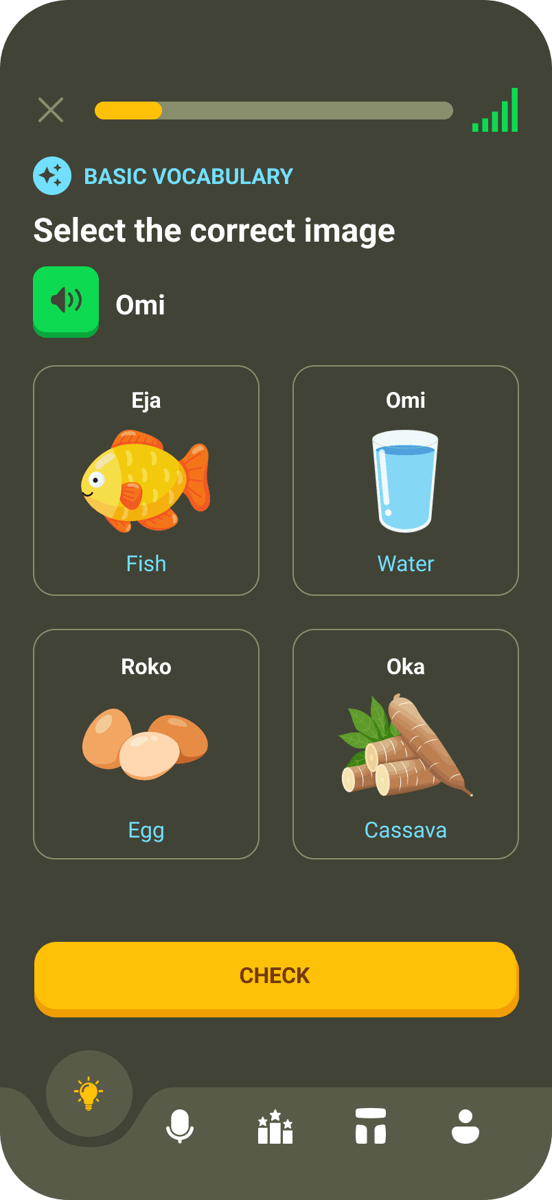 Quiz screen asking what a picture shows in Yorùbá